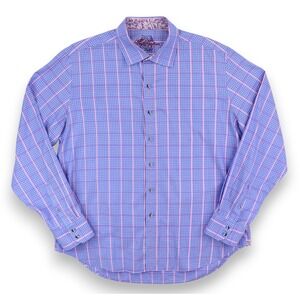 Robert Graham Shirt Mens 2XL Blue Pink Houndstooth Checks Cotton Long Sleeve